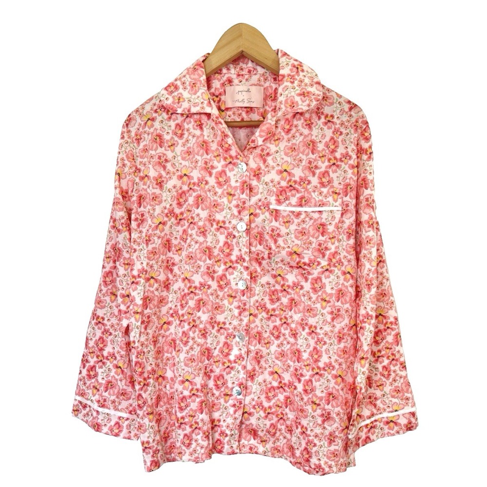 Papinelle Womens Floral Pajama Top Sz M Pink Pocket Luxury Paris Sleepy Morning